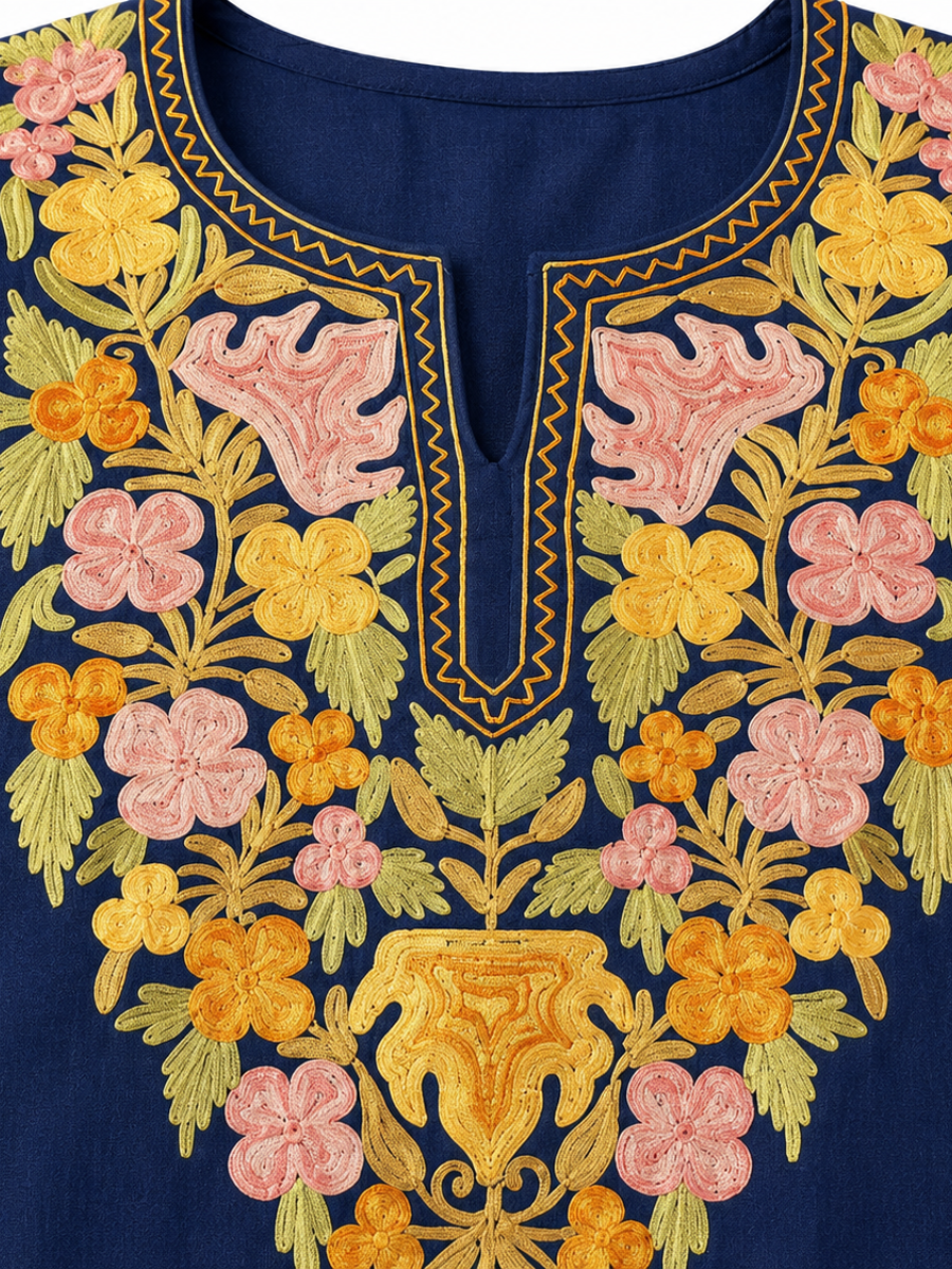 Kashmiri Manual Aari worked cotton Co-Ord Set | Indigo Blue